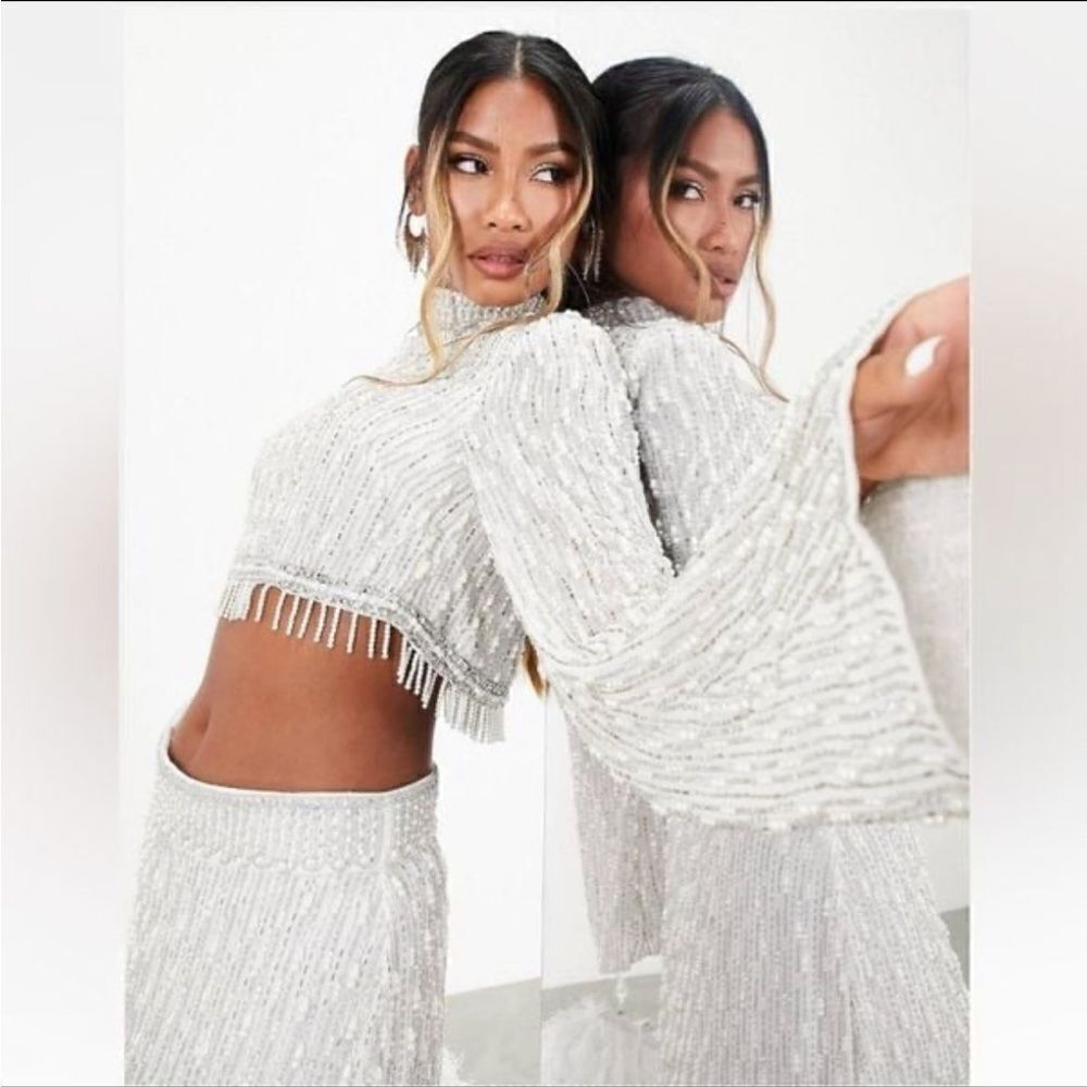 ASOS Edition Linear Fringe Pearl Embellished Crop Top With High Neck in White